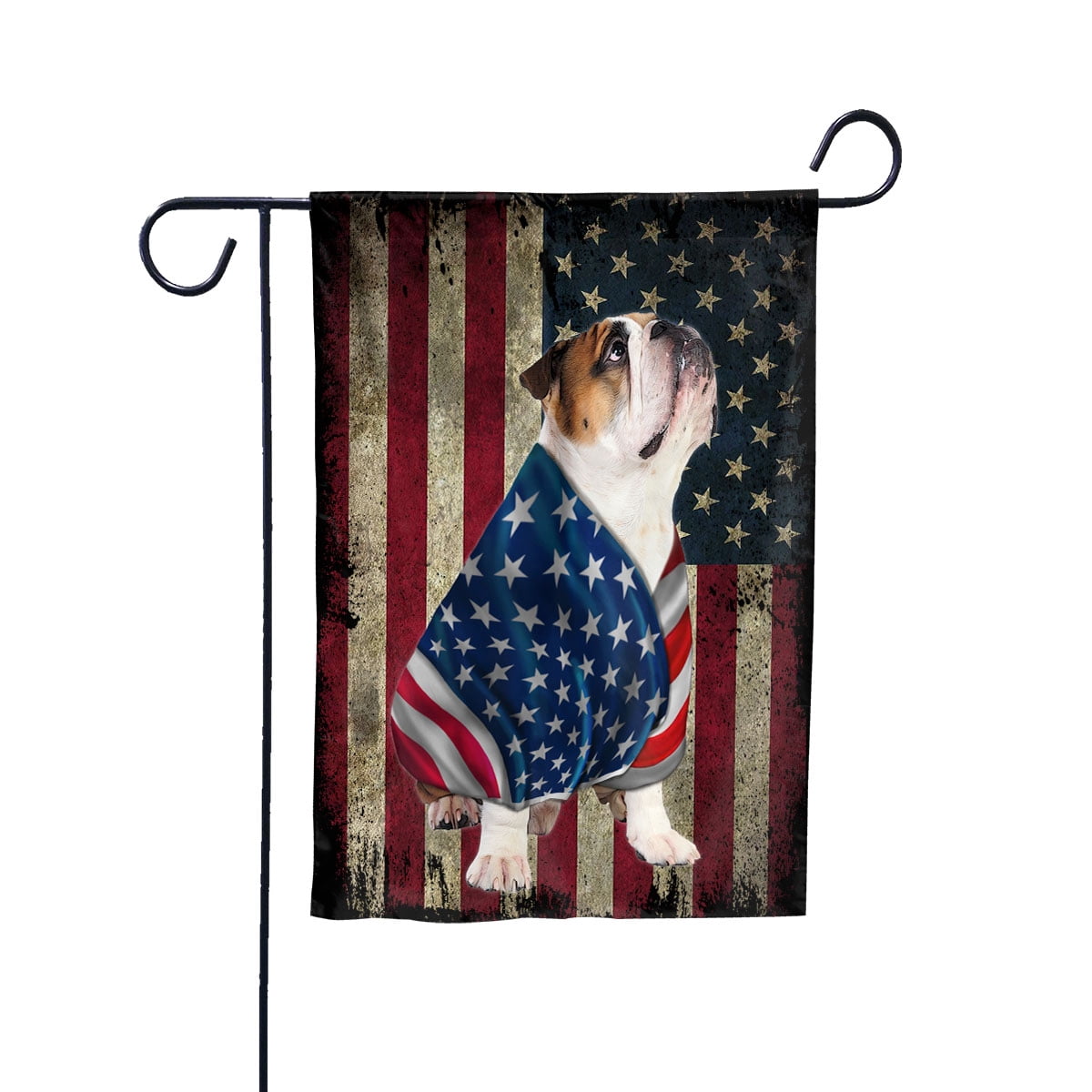 American Flag with Bulldog Dog stand under the cross Patriot Patriotic 4th of july Garden Flag, Double-Sided Decorative Outdoor Flag, Patriotic Polyester Yard Flag 12 x 18 in