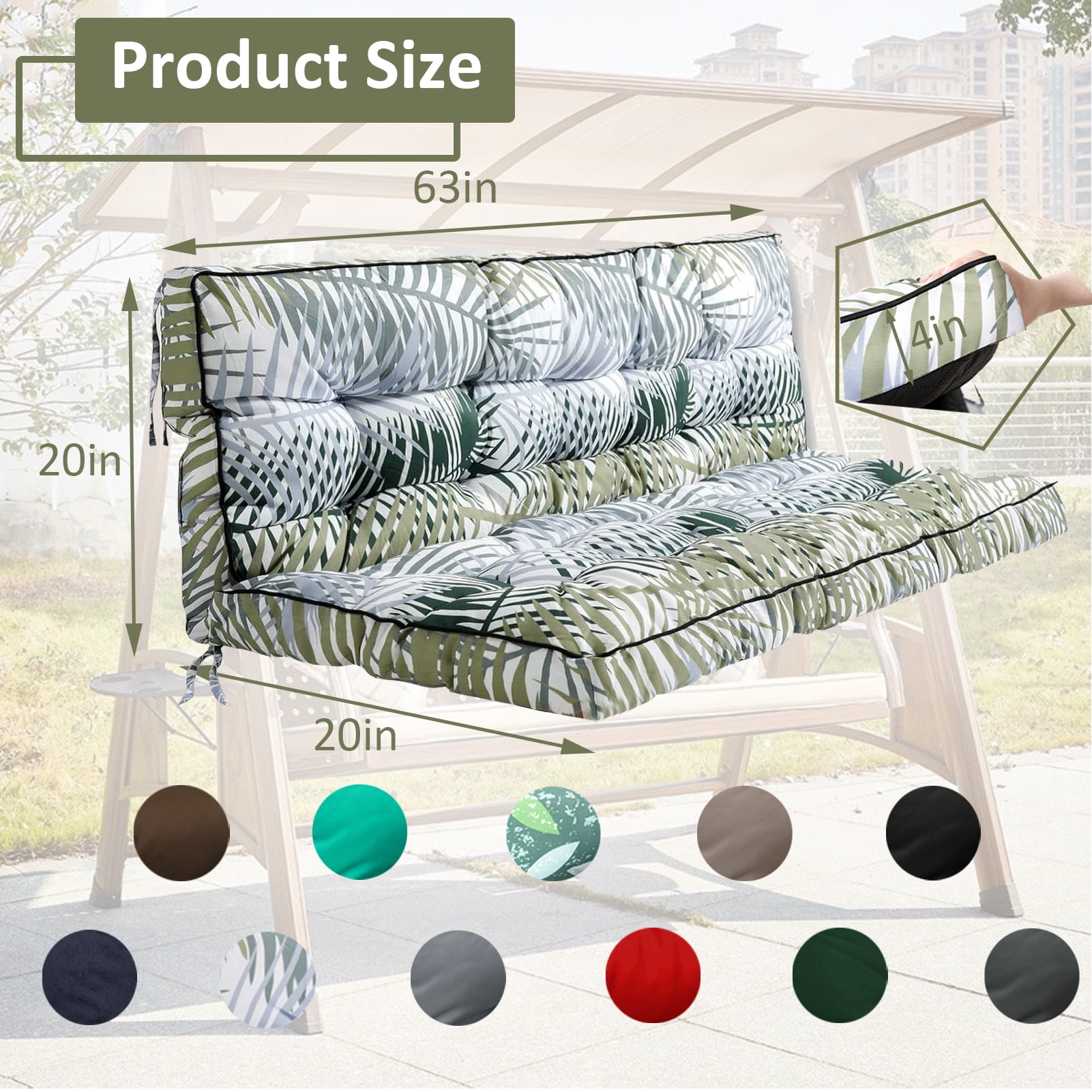 Porch Swing Cushion Thicken 4", 63" Swing Cushions 2-3 Seater Replacement, Waterproof Bench Cushions with Backrest, Anti-Fading Patio Swing Chair Pads for Outdoor Garden Furniture