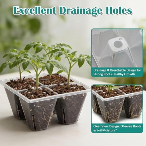 RibRave 40 Pack Reusable 4-Cell Seed Starter Trays with Large Drainage Holes - Clear Transparent Trays for Root Growth Monitoring, Avoids Overwatering, Easy Transplant, Fits Standard 1020 Trays
