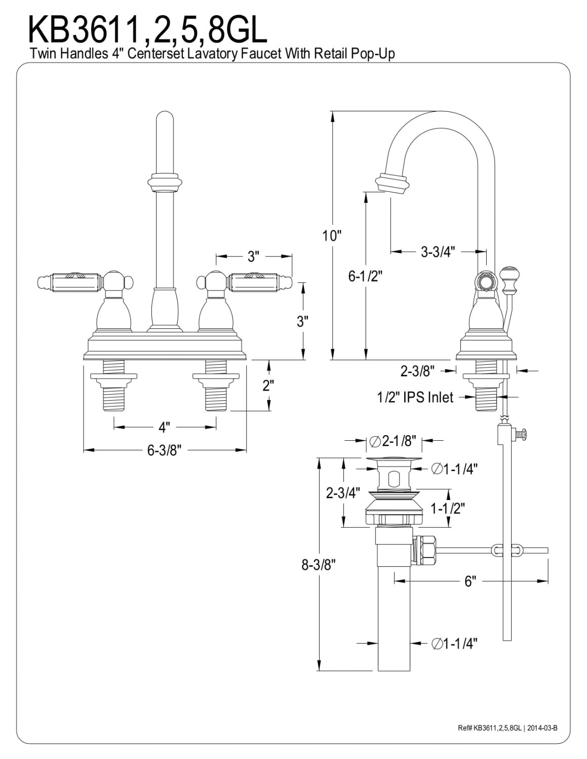 Kingston Brass KB3618GL 4 in. Centerset Bathroom Faucet, Brushed Nickel