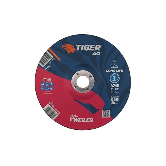 Tiger® AO Grinding Wheel, 7 in dia x 1/4 in Thick, 7/8 in Arbor, A24R, Type 27
