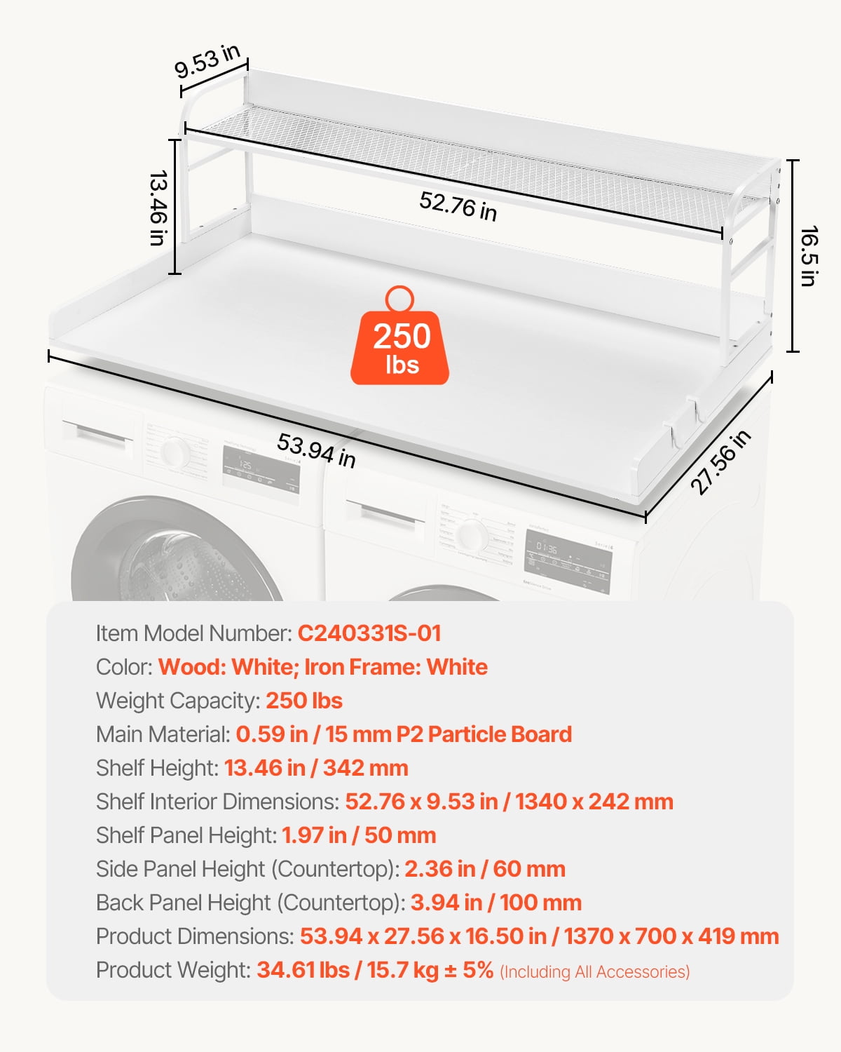 VEVOR Washer Dryer Countertop with 2-Tier Shelf, 54" x 27" Wooden Washer and Dryer Countertop with Anti-Slip Pads, Water-Resistant Laundry Topper Cover for Laundry Room Organization and Storage,White