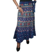 Mogul Women's Indian Long Skirt Wrap Around Skirts Printed Blue Casual Wear Beach Dress