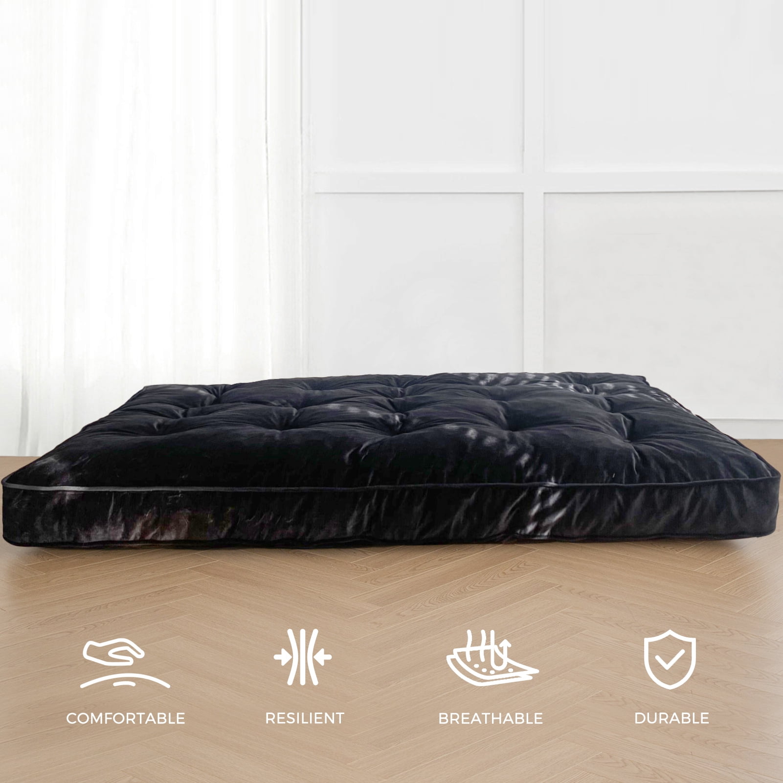 BYBYME 6" Futon Mattress,Velvet Thick Futons Sofa Couch Bed,Floor Mattress for Adults,Shredded Foam Filling,Black Queen(Frame Not Included)