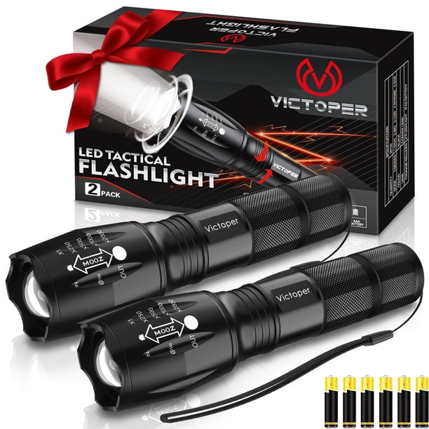 Victoper Linterna LED Paquete de 2, Linternas tácticas brillantes de 2000 lúmenes, lúmenes altos con 5 modos, luz de flash con zoom impermeable para exteriores, regalos para el Año Nuevo 2025 Equipo e