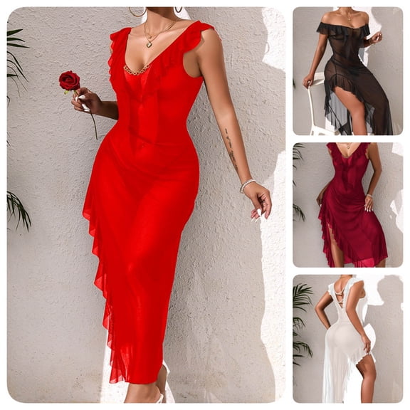 TARIENDY Womens Sheer Lingerie Wide Straps Chemise Nightgowns V Neck Side Slit Ruffles Long Sleepdress Backelss Night Gown Wine M