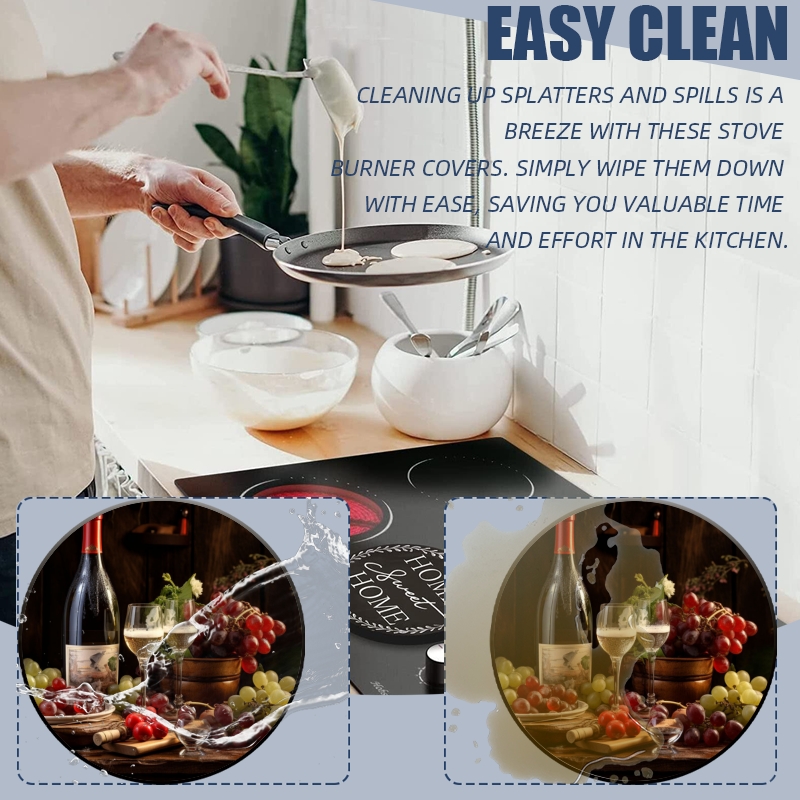 Round Stove Burner Covers for Electric Stove, Wine Glass and Grapes Decorative Electric Range Burner Covers Set of 4 for Kitchen, 8 Inches and 10 Inches