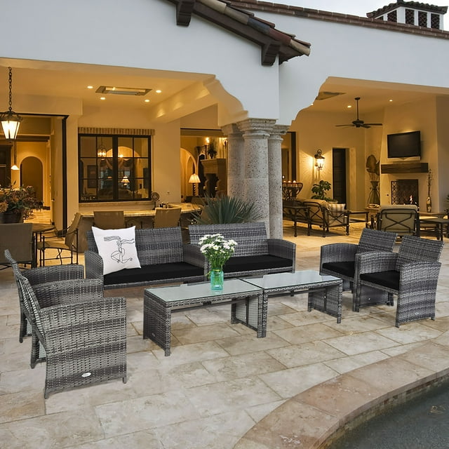 Costway Ensemble de Mobilier de Terrasse en Rotin 8 Pcs, Conversation, Dessus de Table en Verre, Canapé Coussiné