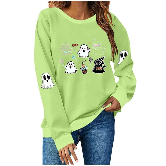 Funny Shirts for Women Halloween Ghost Crew Neck Sweatshirts Loose Fleece Lined Cute Graphic Pullover Tops Green, XL