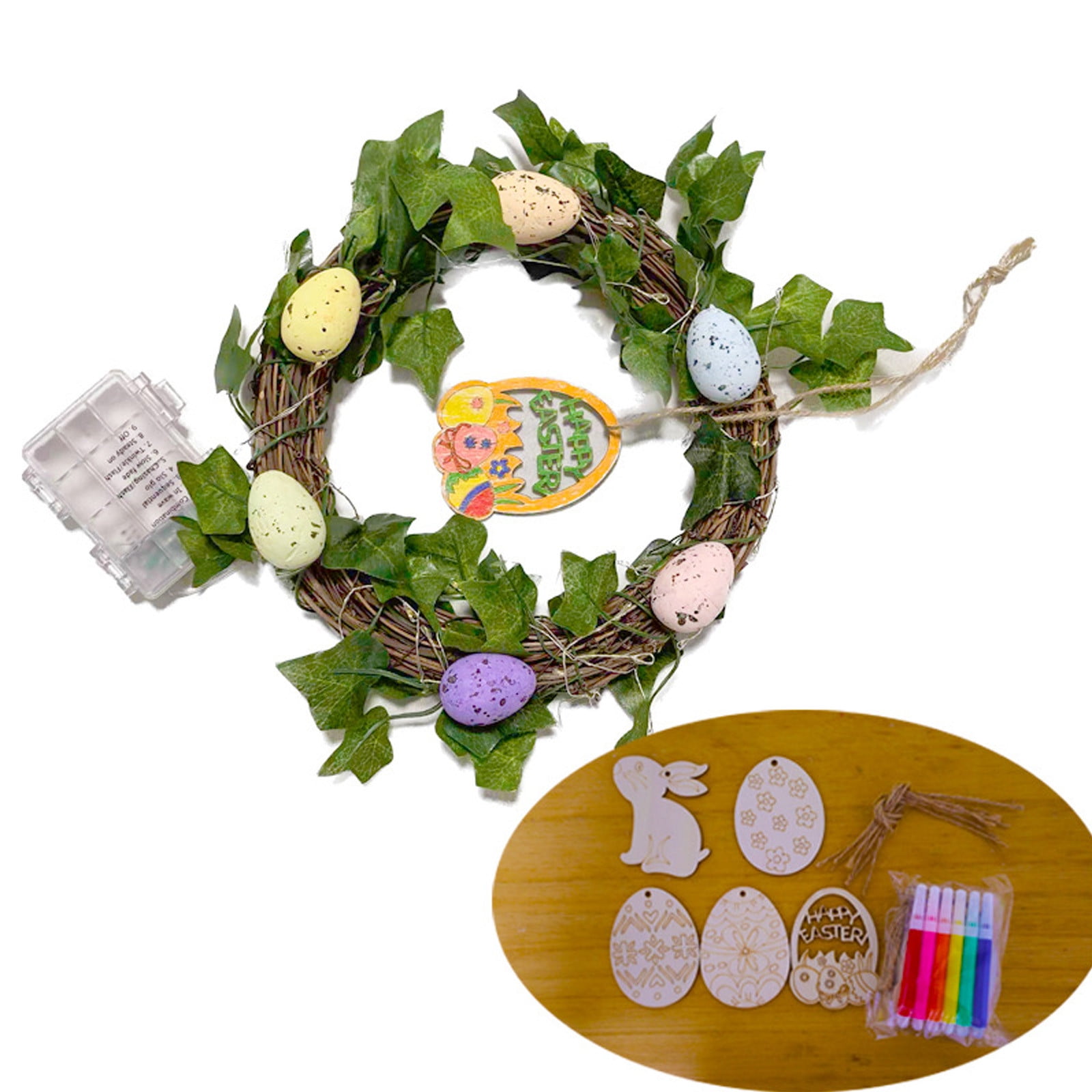 Light Up Easter Wreath with Remote, Battery Operated DIY Paint Your Own Easter Egg & Bunny Rabbits Wreath for Door Spring Holiday Decor