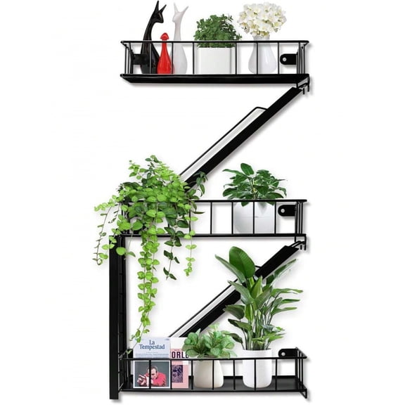 Fire Escape Shelf - 3 Tier Black Fire Escape Wall Shelves With Basket Wall Organizer, New York Metal Decorative Shelves, DIY Floating Action Figurine Display Shelf For Bedroom