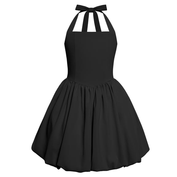 IBTOM CASTLE Kids Girls Halter Bubble Ruffle Dress Summer Sleeveless A-line Solid Color Midi Dress Elegant Formal Prom Gown 10-11 Years Black