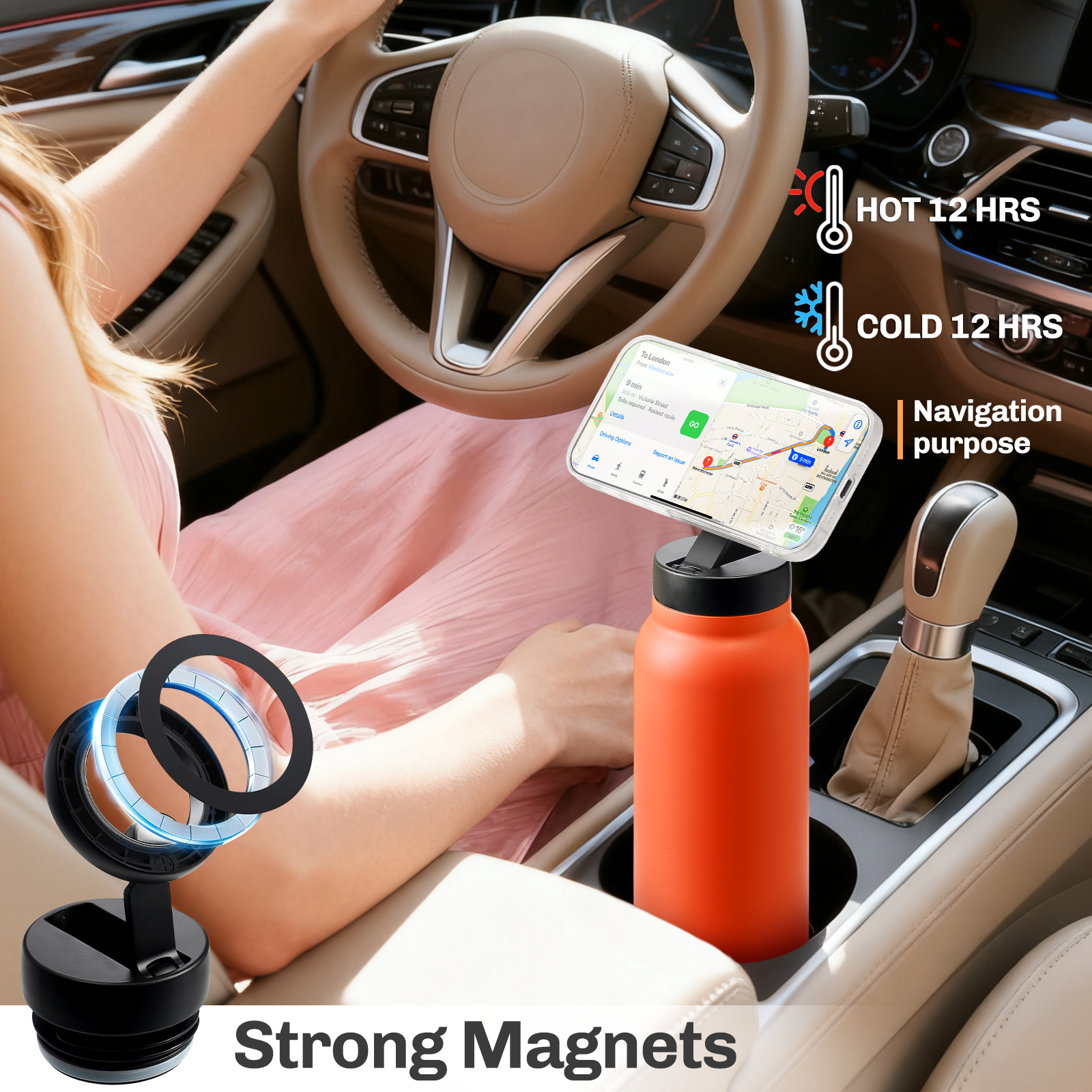 Hatisan 24 oz Insulated Water Bottle, Magnetic Stainless Steel Water Bottle, with Mobile Phone Holder Tripod, Hot for 12H, Cold for 24H(Orange)