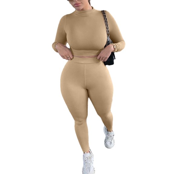 Douhoow Womens 2 Piece Tracksuit Solid Color Long Sleeve Bodycon Crop Top Long Pants Set