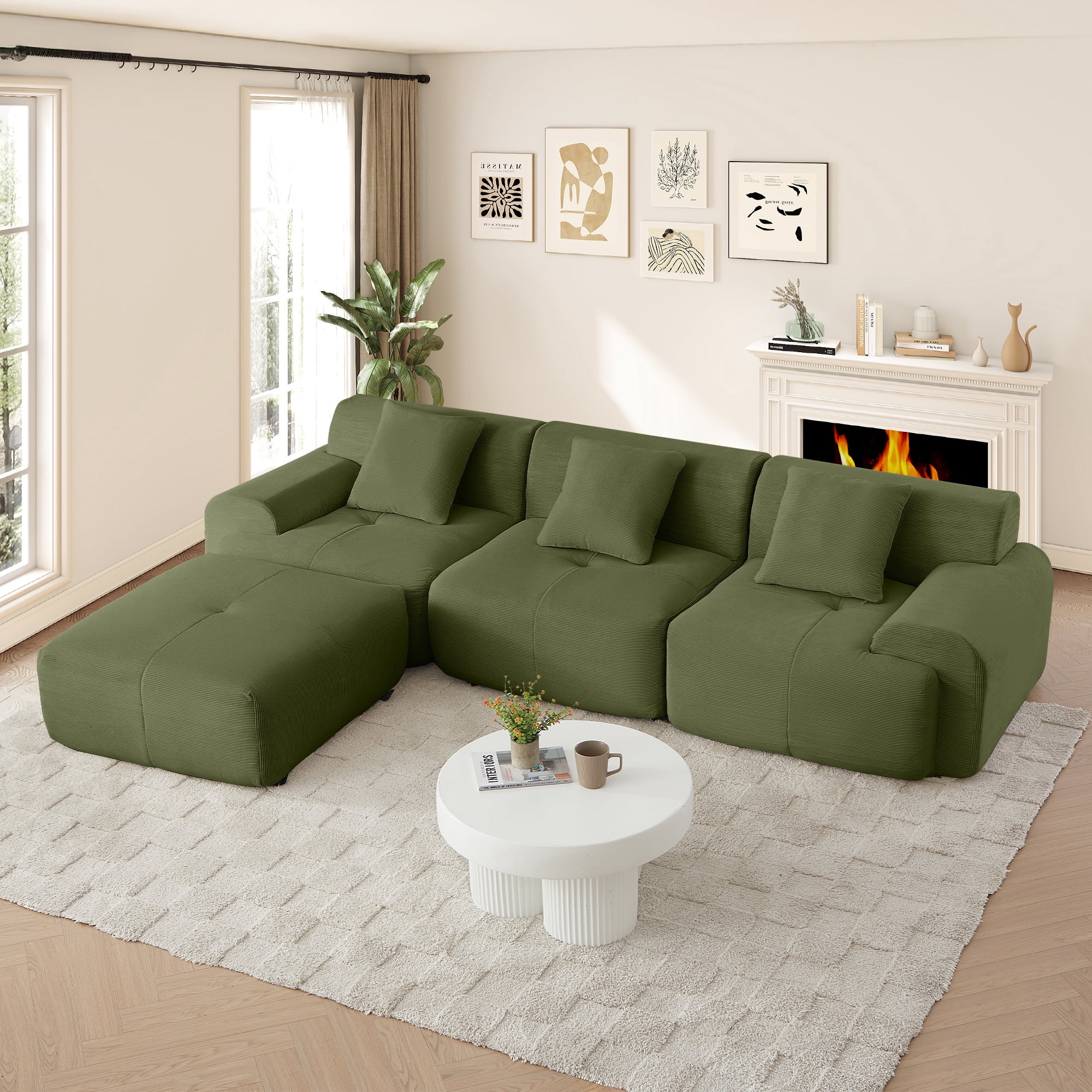 Muumblus 113" L-Shaped Modular Sectional Sofa, Oversized Corduroy Cloud Couch for Living Room, Green