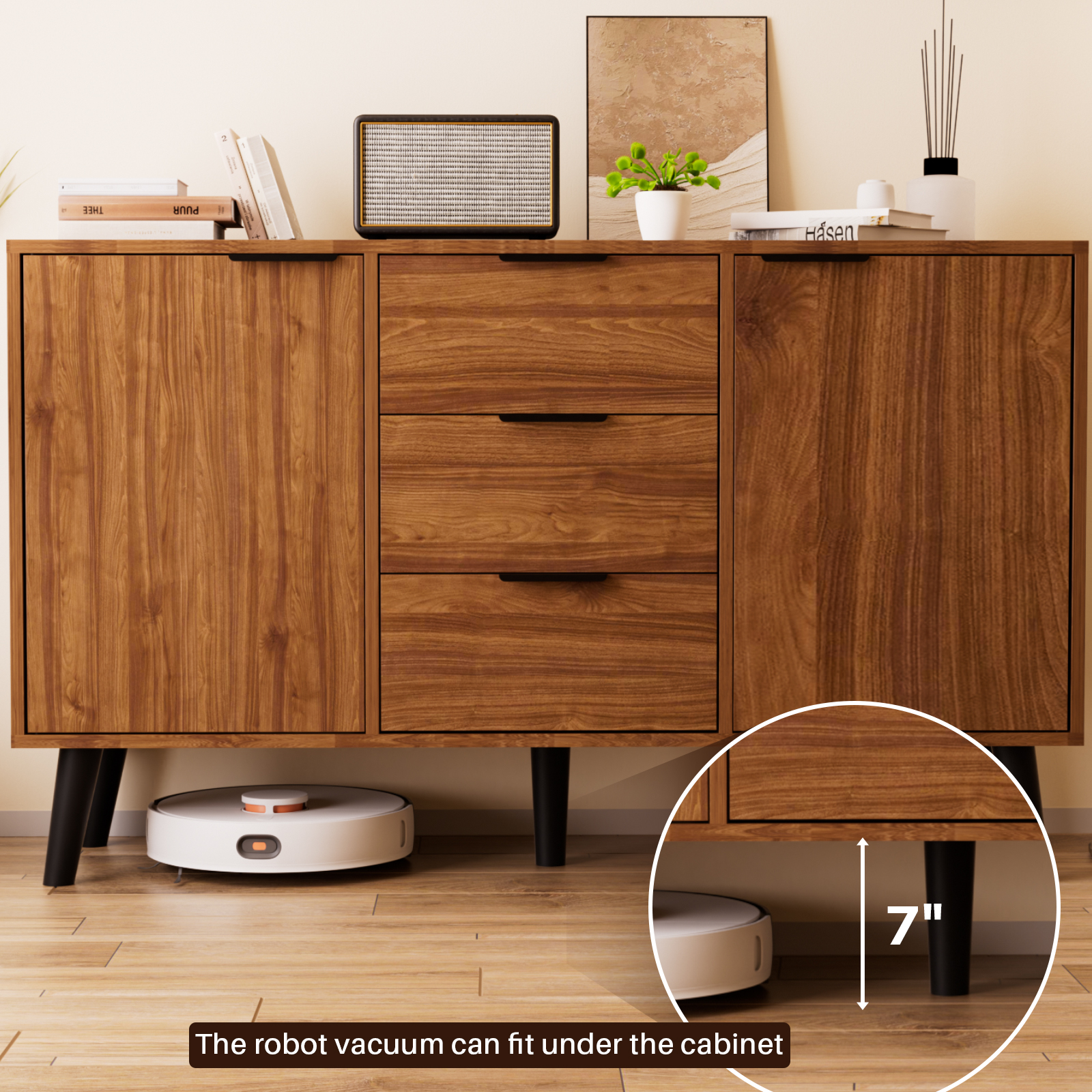 Msutree Buffet Sideboard Cabinet with Storage, Mid-Century Storage Cabinet with 3 Drawers and 2 Doors, Kitchen Pantry Cabinet, Freestanding Accent Storage Cabinet for Living Room, Entryway