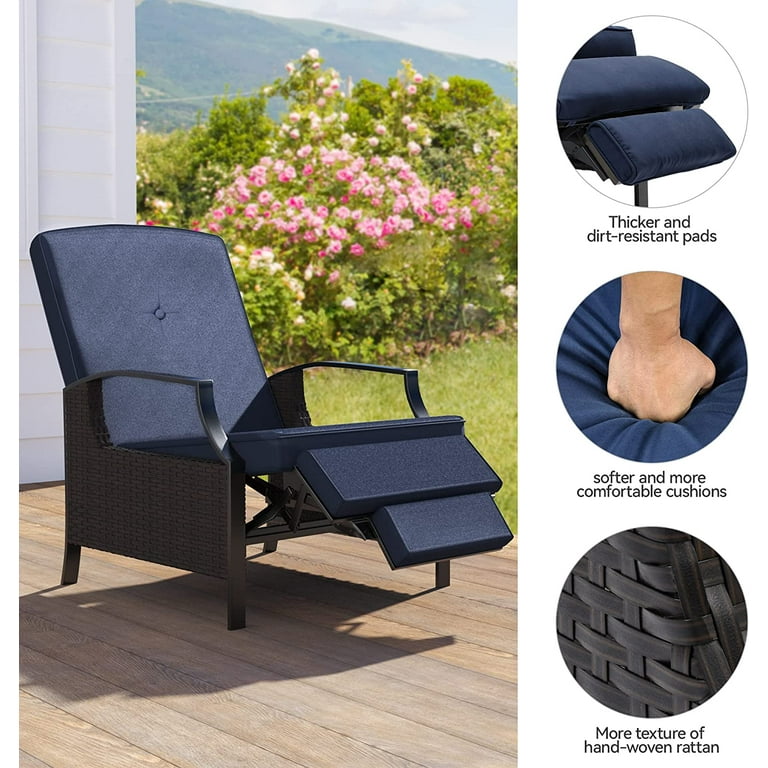 Dextrus 2 Piece Patio Outdoor Indoor Adjustable Function Wicker Recliner Chairs Dual use Rattan Lounge Chairs with Soft Thick Cushions Extended Footrest Flip Back Brown Navy Blue Walmart