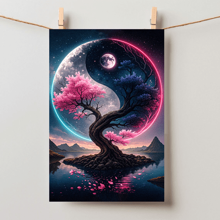 Yin Yang Tree Of Life Cherry Blossom Night Sky Mystical Landscape Unframed Paper Poster 8x10in