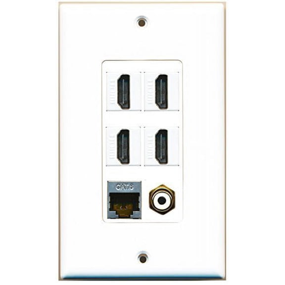RiteAV - 4 Port HDMI 1 RCA White 1 Shielded Cat6 Ethernet Wall Plate Decorative
