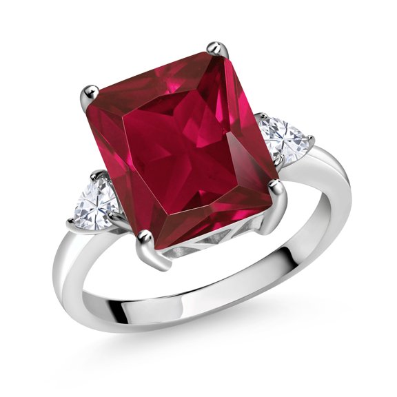 Gem Stone King 6.02 Cttw Red Created Ruby and White Moissanite 3 Stone Ring for Women | 925 Silver | Emerald Cut 12X10MM | Trillion 3.5MM | Three Stone Wedding Engagement Anniversary Ring| Size 8