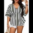 thumbnail image 1 of Camiseta de Verano Holgada de Corta con Cuello en V y Rayas para Mujer, Talla Grande, para Vacaciones Verde 5XL, 1 of 9