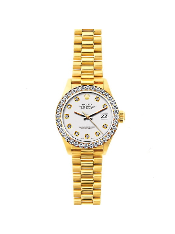 Pre-Owned Rolex Datejust 26mm Lilac Dial 18k Yellow Gold President Bracelet Watch With Diamond Bezel