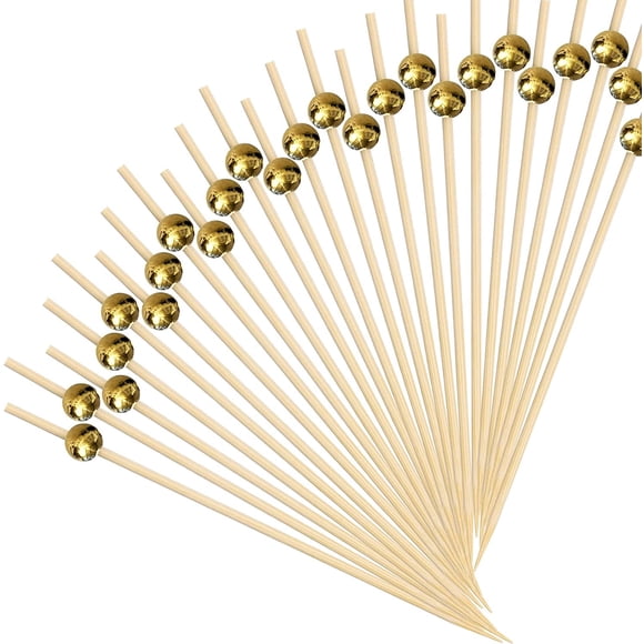 AIEX 200pcs 12cm/4.7inch Bamboo Cocktail Pick, Pearl Toothpicks Cocktail Skewers Cocktail Picks Martini Picks Food Pick Toothpicks for Appetizers Cake Dessert Fruit Drink Party (Gold Pearl)