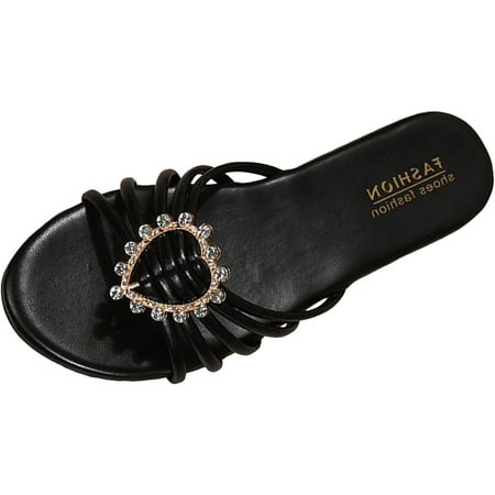 

Ladies Summer Bohemian Style Solid Color Leather Heart Diamond Open Toe Flat Fashion Slippers Slippers Womens Slip on