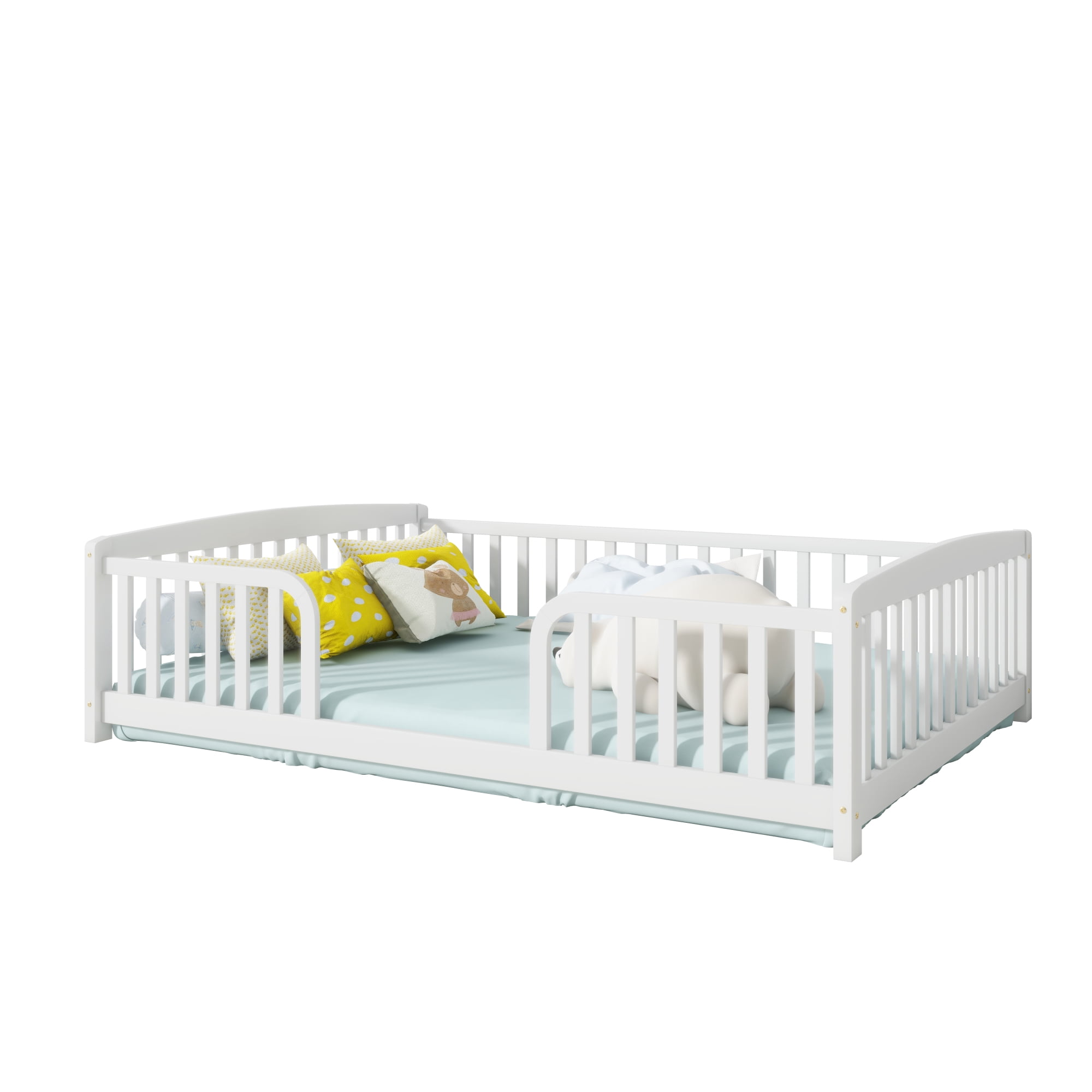 Jopath Full Size Floor Fence Bed with Central Entrance,Pine Wood Floor bed with Guardrails for Boys Girls White