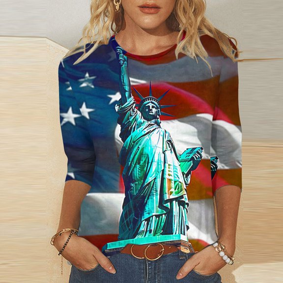 Womens 4th of July Shirts Memorial Day Blouse for Women Fourth of July T Shirt Womens American Flag Tops Patriotic Tee Printed Round Neck Three Quarter Sleeve 3/4 Sleeve T-Shirt Loose Top
