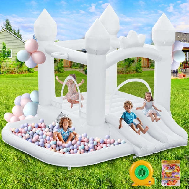 Bounce House FINCOME, inflable blanco con piscina de bolas con doble tobogán