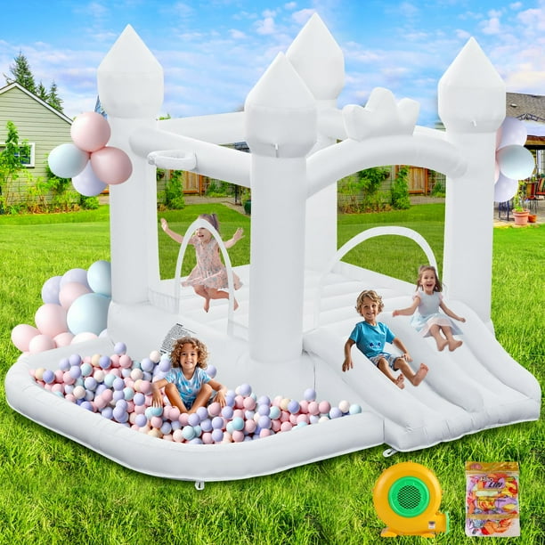 Bounce House FINCOME, inflable blanco con piscina de bolas con doble tobogán