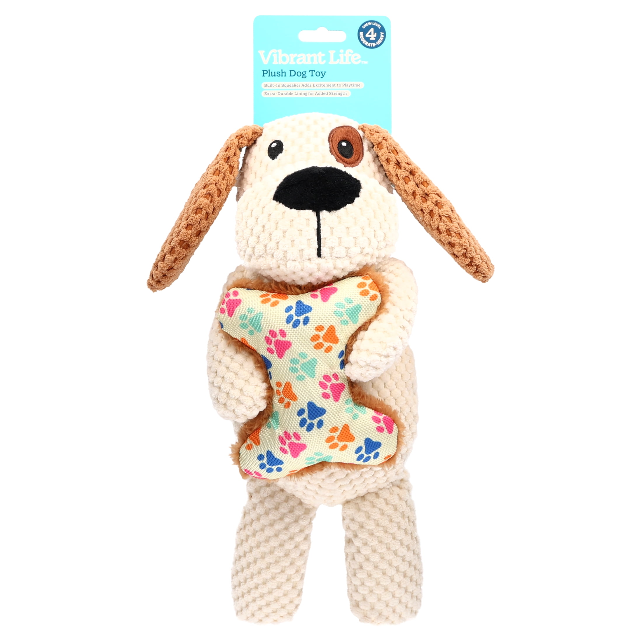 Vibrant Life Brown Dog with Bone Plush Dog Toy with Squeaker, Chew Level 4