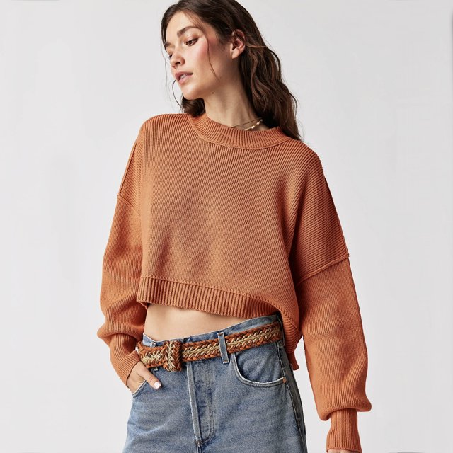 Chandail Ample à Col Rond Uni Mode Femmes Automne et Hiver Europe et États-Unis