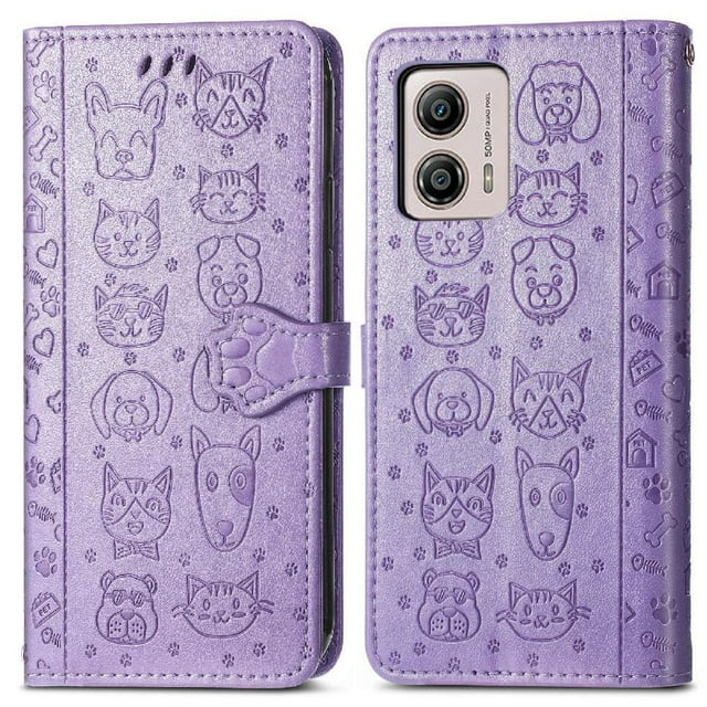 Funda Cartera FOXDOCK para MOTO G53 5G , Flip PU con Relieve de Gatos y Perros, Tarjetero y Soporte