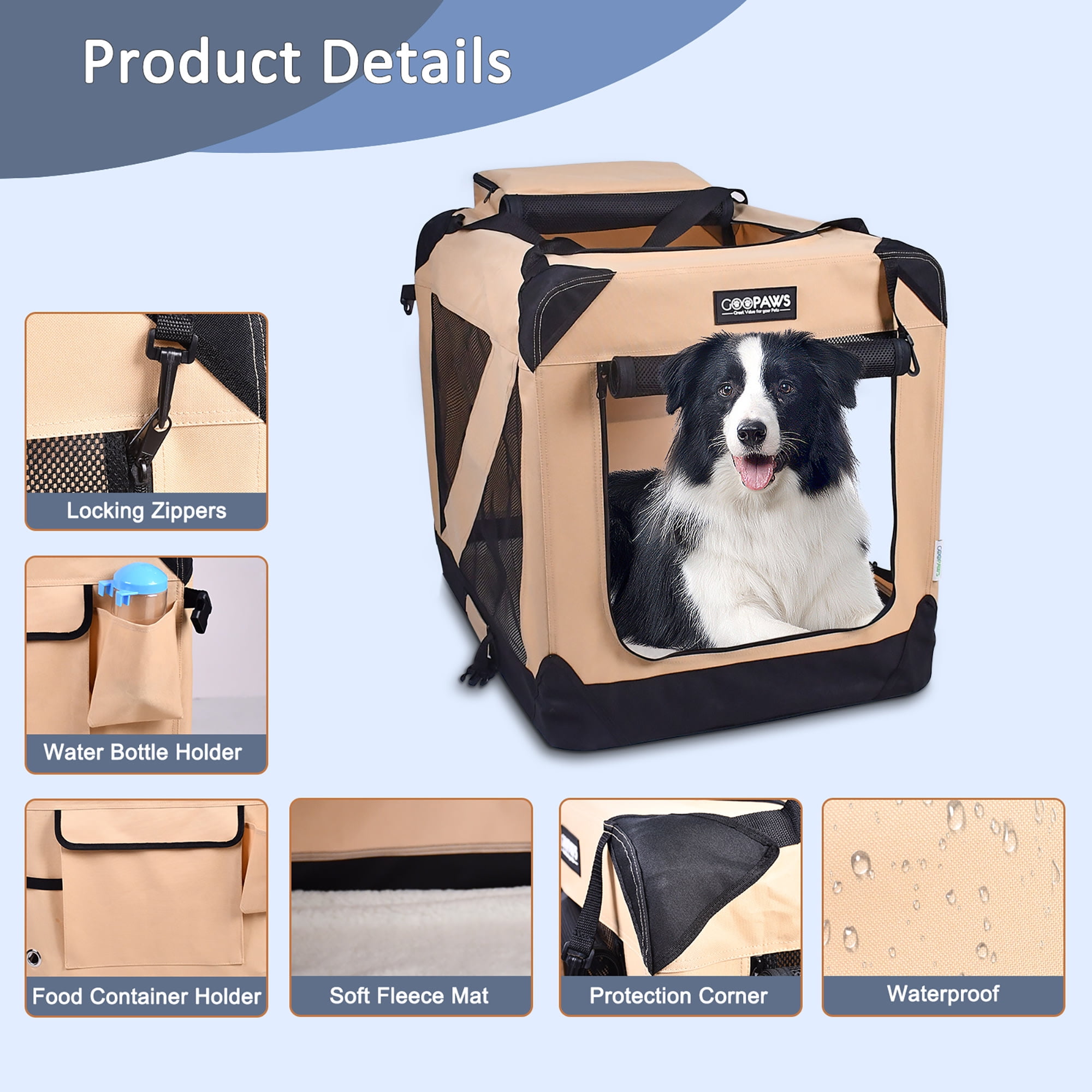 JESPET: 36" Soft Pet Crate - Beige - Dogs & Cats Up to 70 lbs, 3 Door Folding Kennel, Indoor Outdoor Travel Carrier, Mesh Windows, Fleece Mat, GooPaws