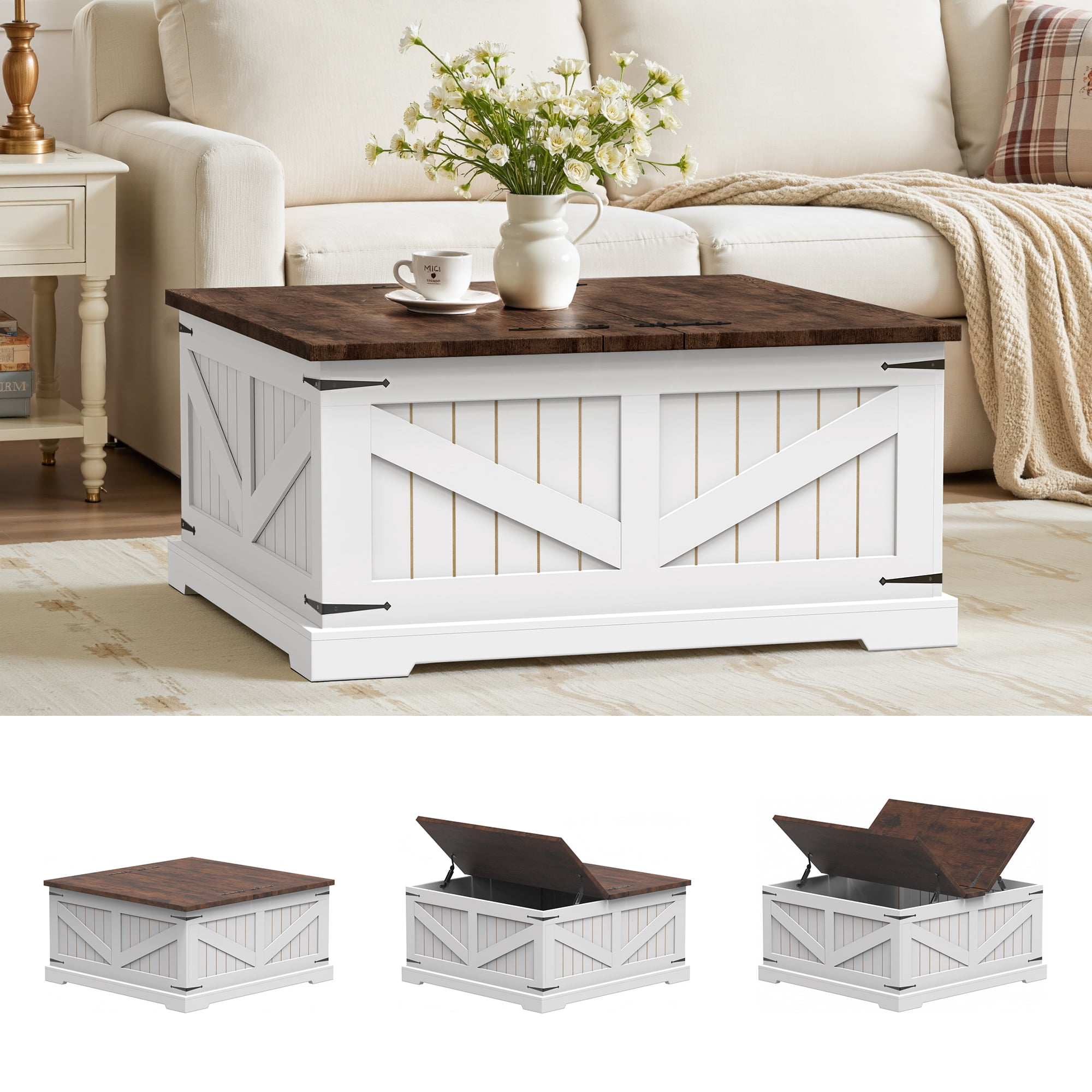 Spanspace Farmhouse Coffee Table with Storage, 31.5" Square Center Table with Dual Flip-Top Lids and Hidden Compartment, Rustic Wood Coffee Table for Living Room, Bedroom, Home Office, White
