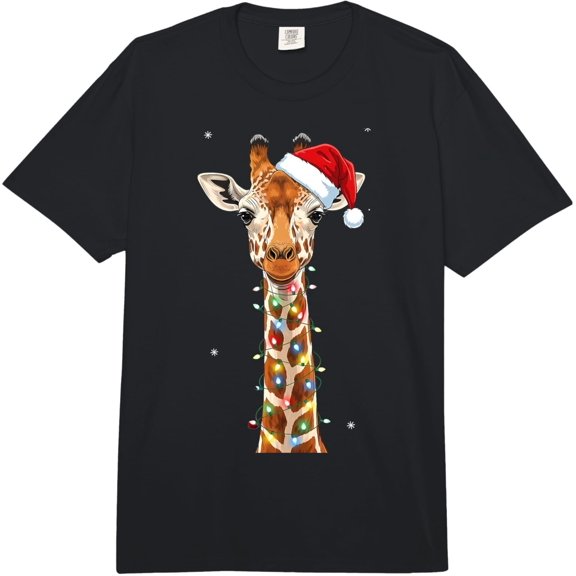Christmas Lights Giraffe Santa Hat Cute Xmas Pajamas Comfort Colors Adult Heavyweight T-Shirt