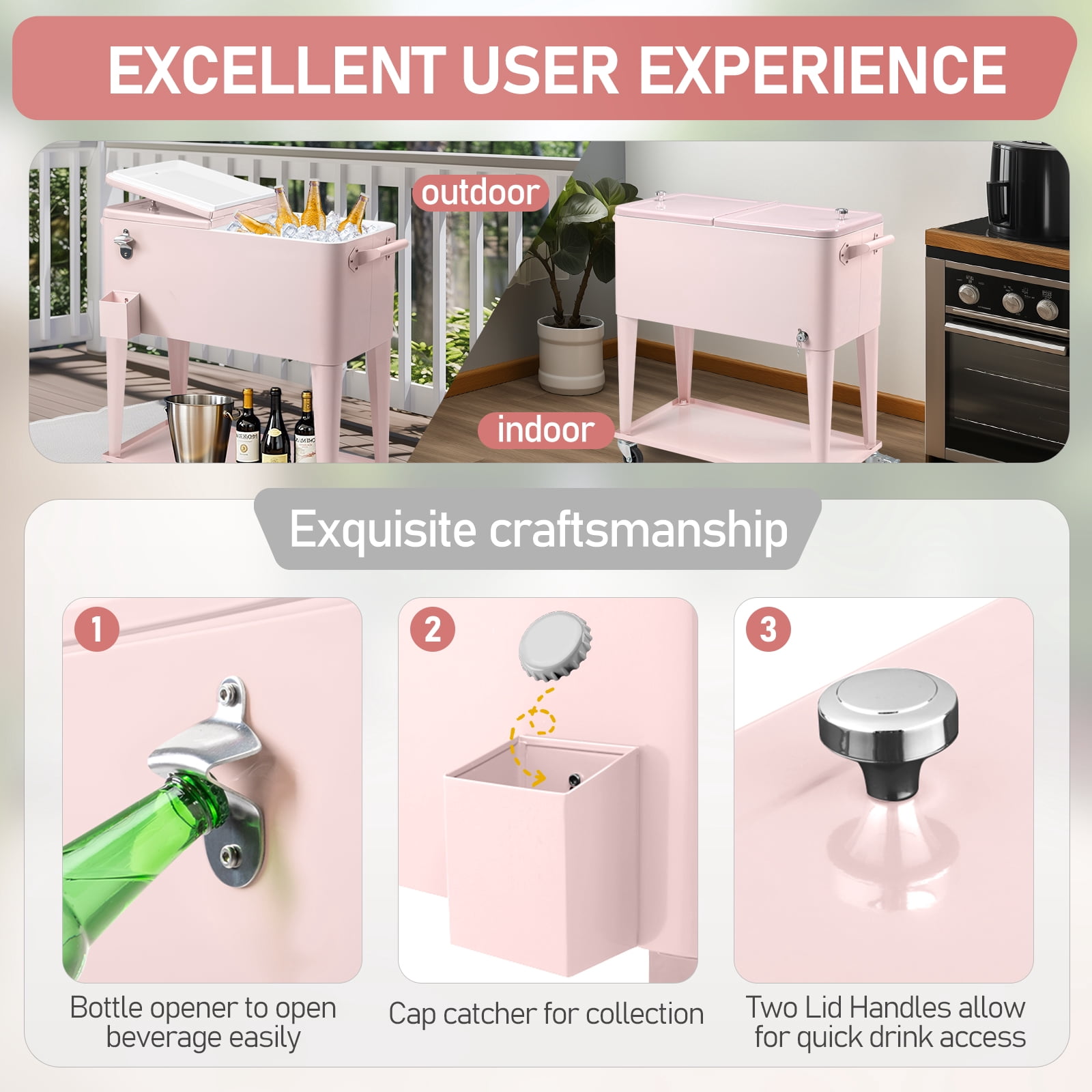 Ktaxon 80 Qt Rolling Ice Chest Cooler Cart Outdoor Trolley with Storage Shelf, Bottle Opener & Cap Collector for 48 Hour Cold Drinks, Pink