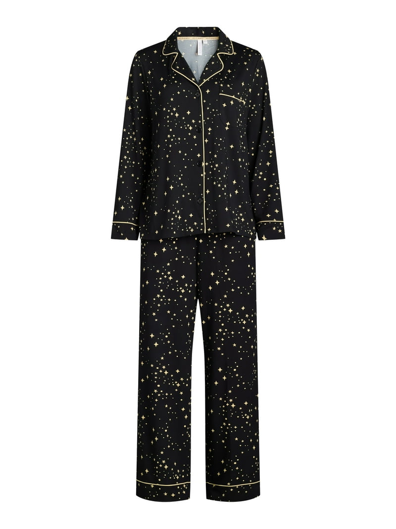 NEEDLES| WEAR (Pajama Set Poly Oxford - Black (QV3 Joyspun Women's Cozy Jersey Notch Collar Top and Pants