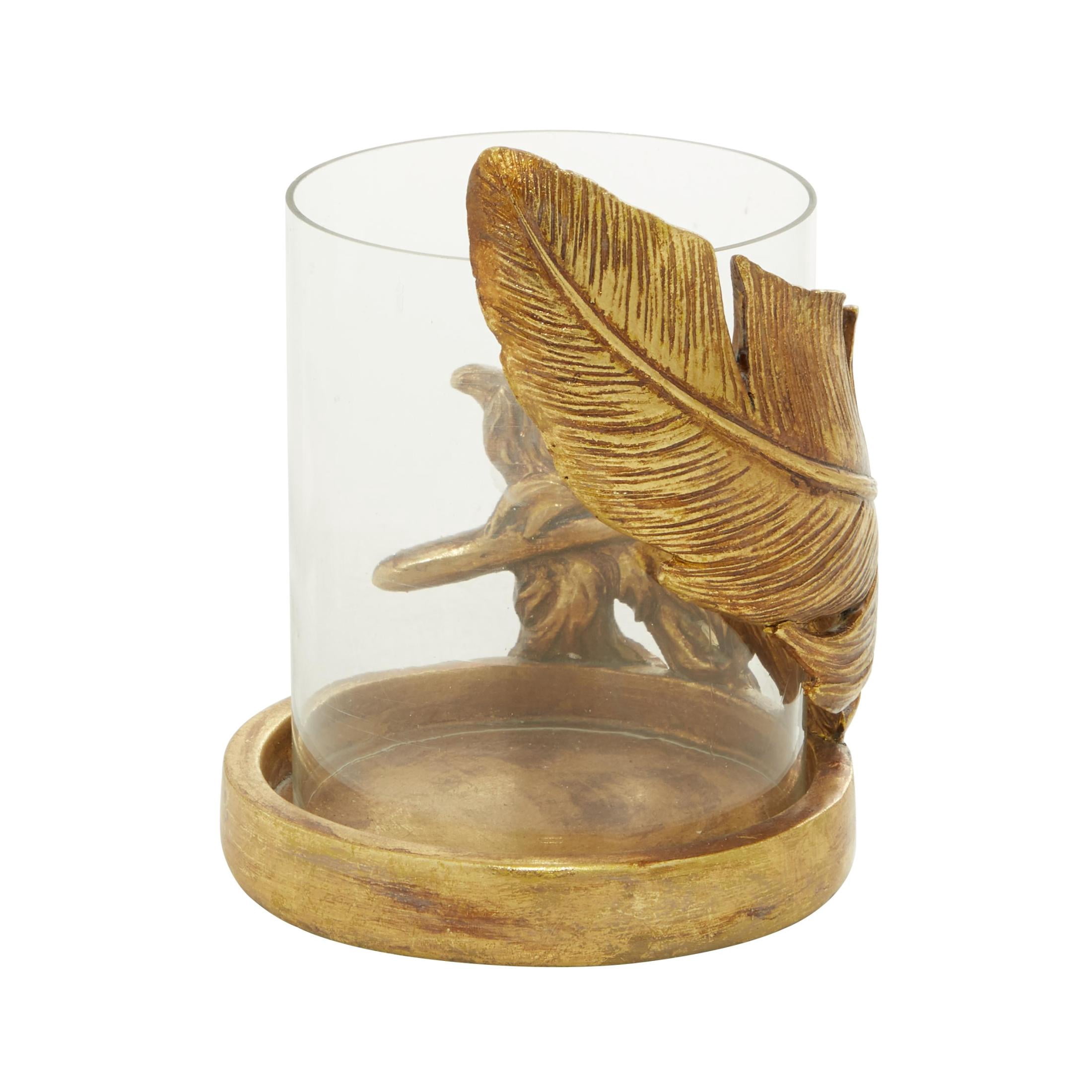 DecMode Gold Glass Bird Feather Pillar Hurricane Lamp