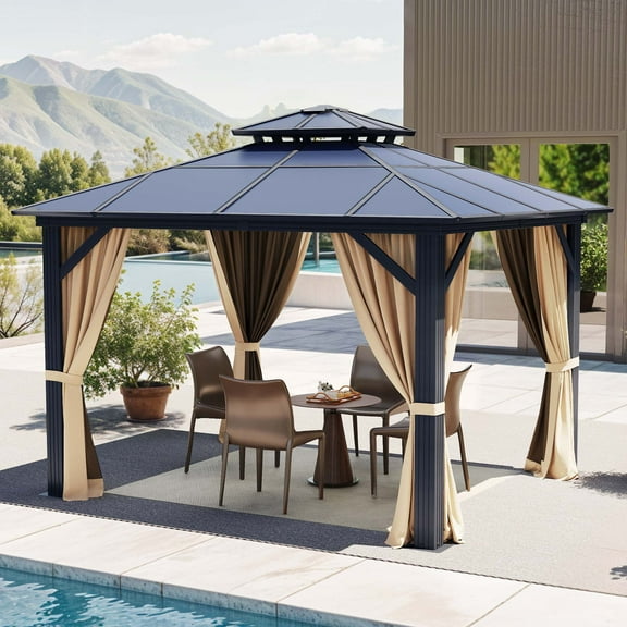 Dextrus 10' x 10'  Hardtop Gazebo with Netting & Shaded Curtains, Outdoor Polycarbonate Double Roof Canopy,Aluminum Column Garden Tent for Patio, Backyard, Black&Brown