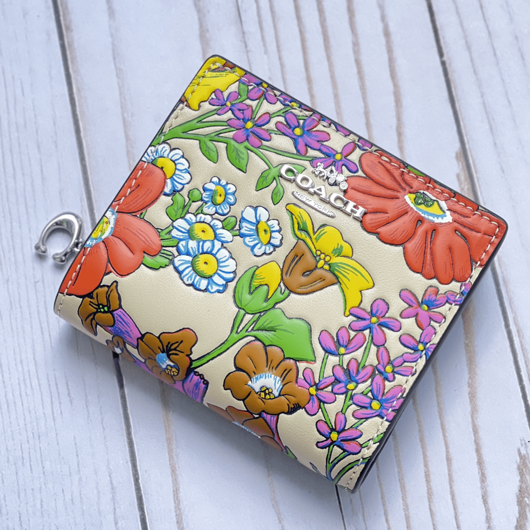 Coach Women's Snap Smooth Leather Floral Print Wallet, Compact