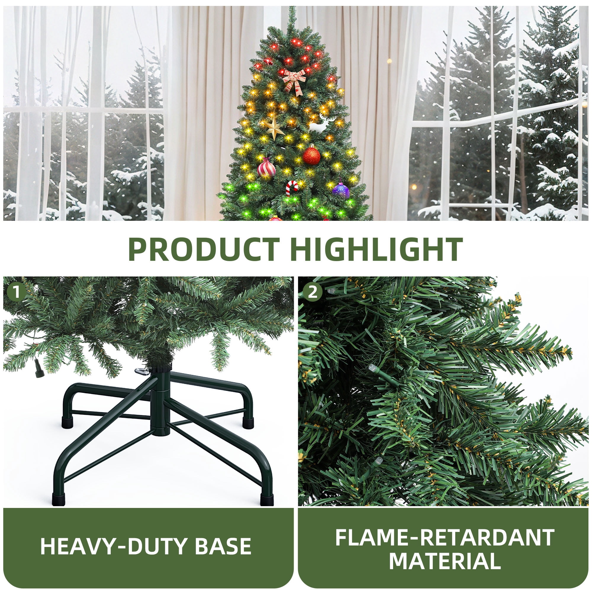 Uforic 6ft Pre-lit Spruce Hinged Artificial Christmas Tree with 1399 Tips & 300 LED Lights, Remote Control, Green