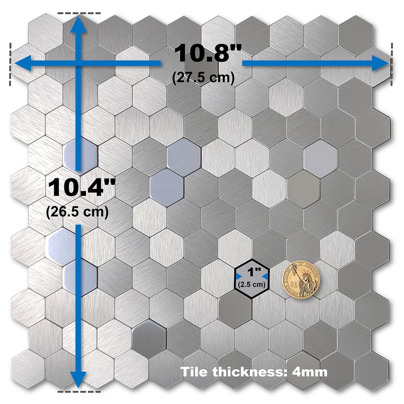 Acopelo Peel and Stick 3D Hexagon Mosaic Silver Metal Tile for Backsplash - 6 Tiles