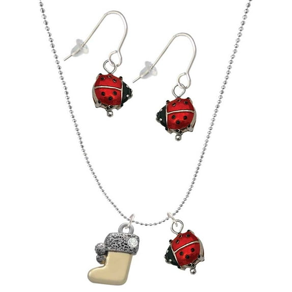 Delight Jewelry Two-tone 3-D Stocking with Clear Crystal Red Lucky Ladybug Necklace and Dangle Earrings Set