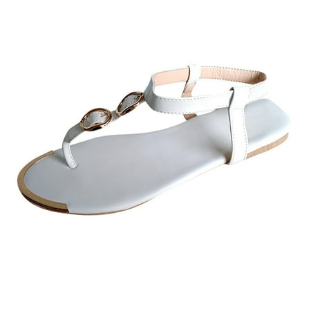 CHOII Clearance Summer Womens Flip-Flops Open Toe Casual Shoes Flats Buckle Strap Roman Sandals Minimalist Style Thong Sandals T-Strap Ankle Strap Sandals White/8.5