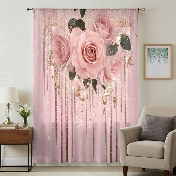 Pink Roses Romantic Sheer Curtains 45 Inches Long, Watercolor Botanical Floral Light Filering Curtains, Breathable Simi Curtain Privacy Drapes for Kitchen Bathroom Lightweight Small Window Treatment