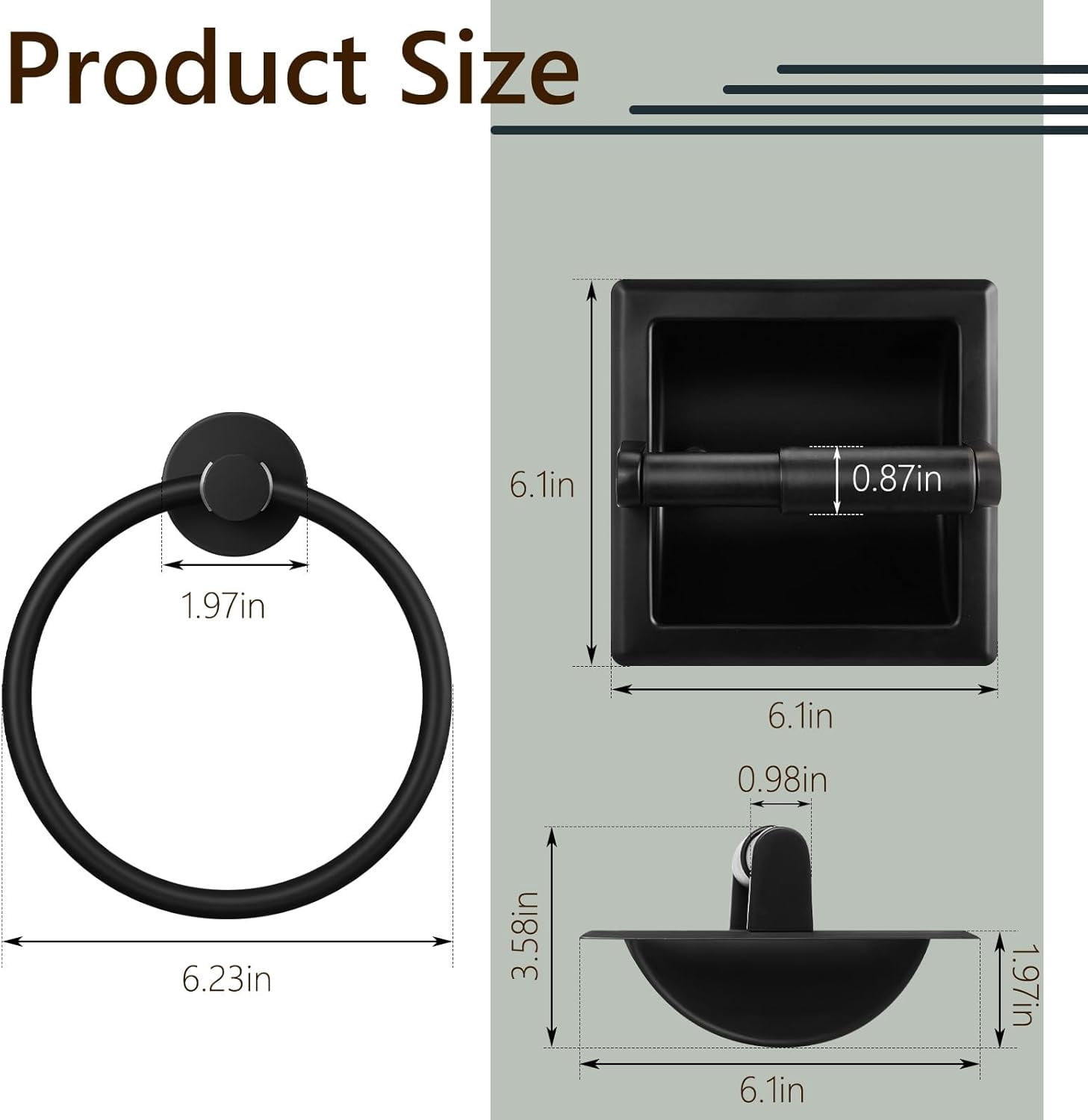 Matte Black Recessed Toilet Paper Holder and Towel Ring Pack, Stainless Steel Bathroom Hardware, Wall Mount Pivoting Toilet Paper Dispenser & Towel Roll Holder