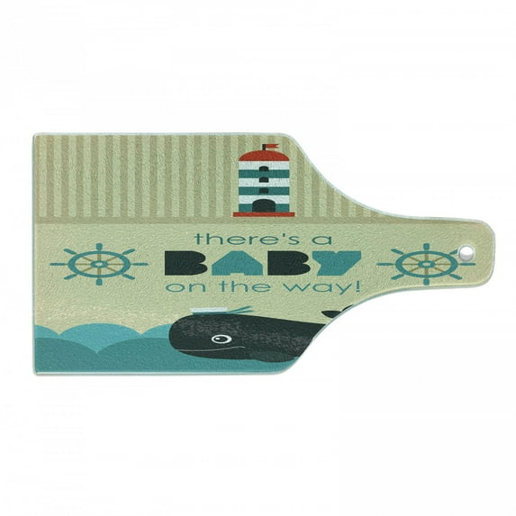 Ahoy Its a Boy Cutting Board, on the Way Message with Marine Theme Set up Dolphin Wheel, Decorative Tempered Glass Cutting and Serving Board, Wine Bottle Shape, Dark Blue Khaki Teal, by Ambesonne